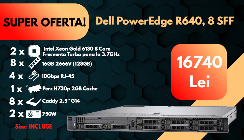 Server Dell PowerEdge R640, 8 SFF, 2 x 8 Core Intel Xeon Gold 6130 2.1GHz, 128GB DDR4, Perc H730p 2GB, 8 x Caddy, 2 Ani Garantie
